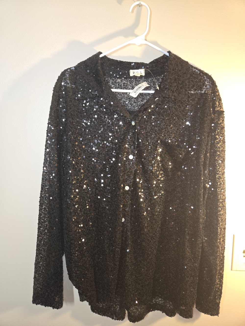 POL Black Sequin Sheer Button Down Shirt Size Small NWT Holiday Party
